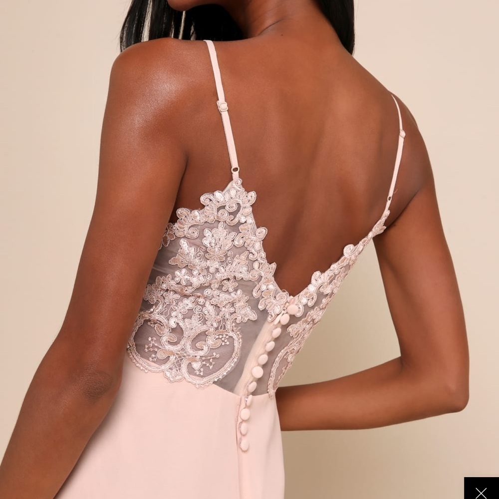 Blush pink dress wedding bridesmaid special occasion dress lace button back maxi